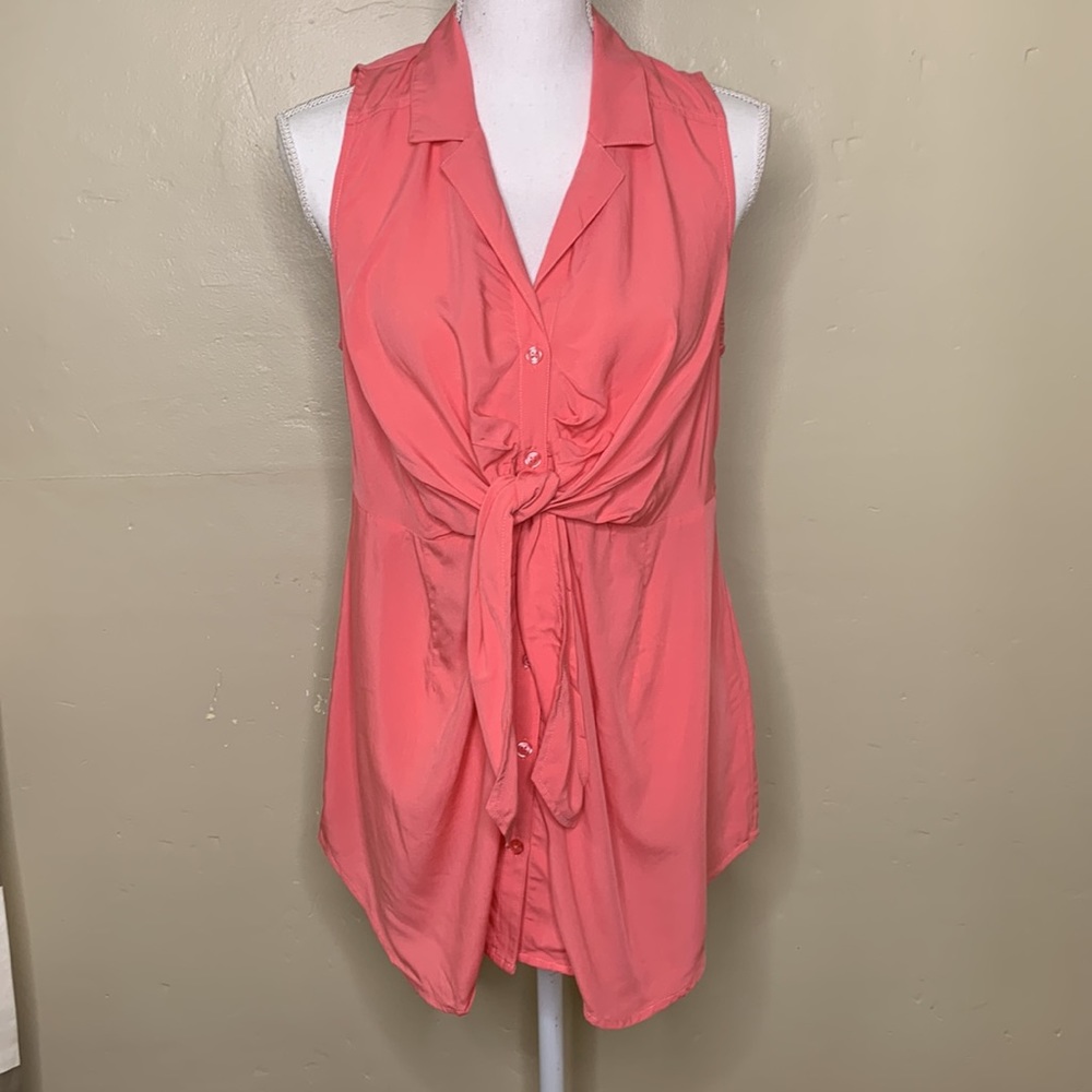 MOTHERHOOD Maternity V-Neck Peach Coral Sleeves Button Front Tie Detail Small